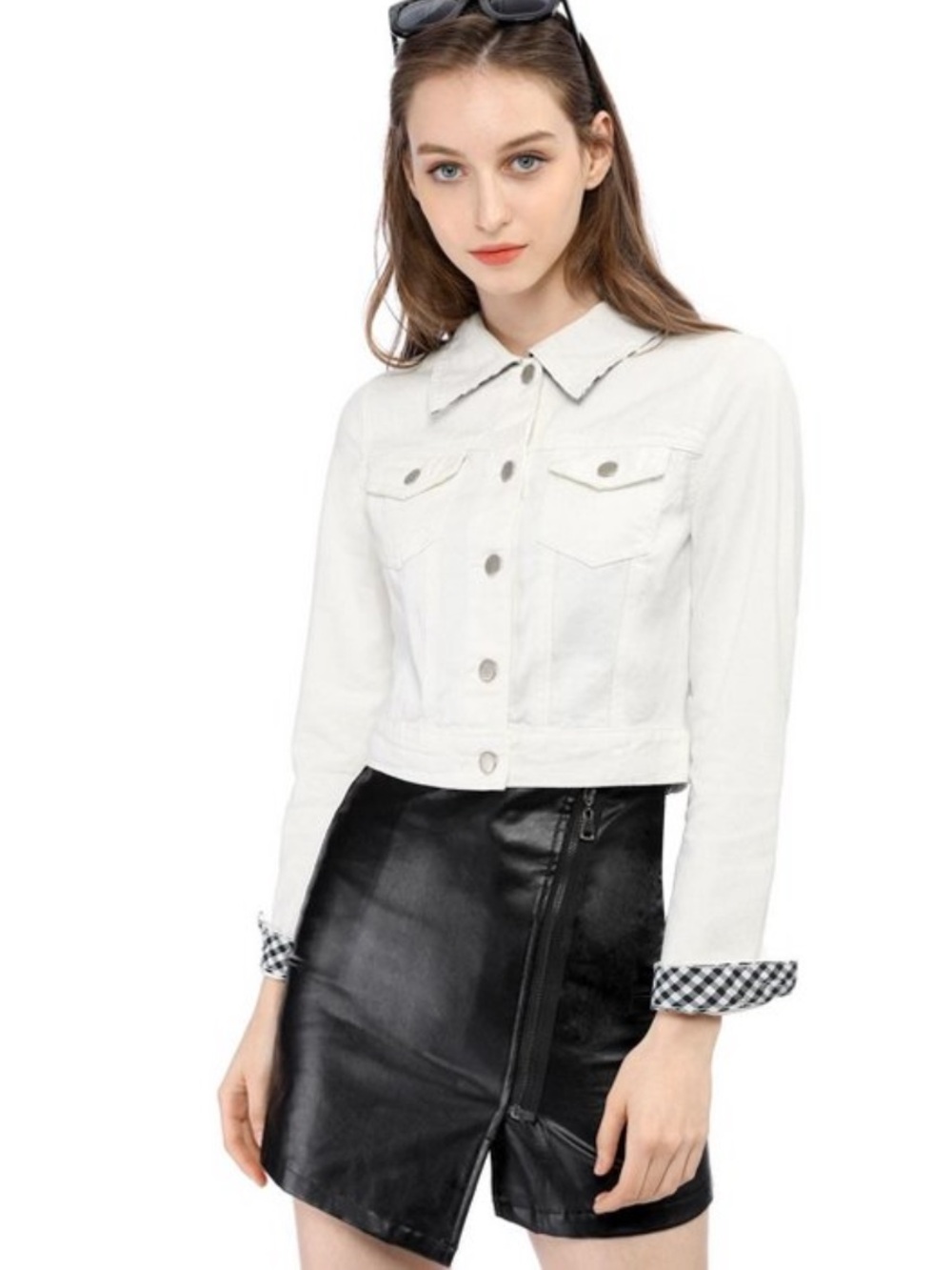 Allegra K solid cropped plaid cuffs, Jean jacket